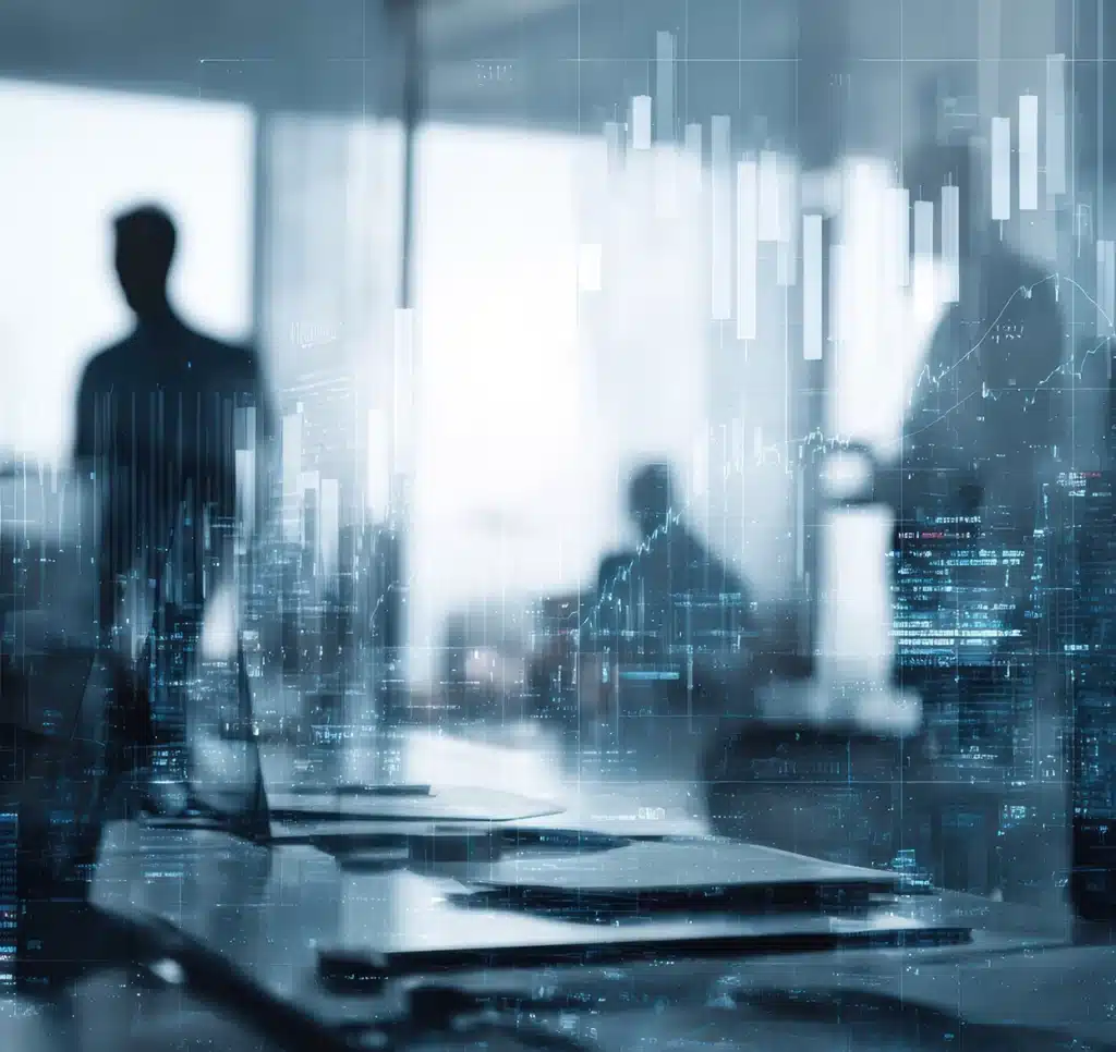 Siluetas de personas trabajando en una oficina, con gráficos de datos superpuestos